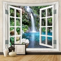 Detail view of 3D virtual window tapestry featuring a lush waterfall and forest landscape - Deep Forest Stream (GT805-5) - Brushed Fabric / 73X95CM