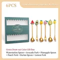 6-piece gold stainless steel fruit-themed cutlery set with cartoon silicone handles - Fruit 6PCS Set (Watermelon Spoon/Avocado Fork/Pineapple Spoon/Peach Spoon/Durian Spoon/Lemon Fork)