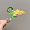 Golden wheat grain hair claw clip with green enamel leaves and polished gold finish - Enamel Wheat Ear