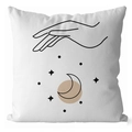 Detail of minimalist cream cushion cover with black line art of moon, stars, and hand - White-Line Art Moon Star