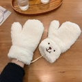 Winter white fleece bear mittens with neck strap for warmth and cold protection - Embroidered Smile Bear / White