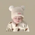 Beige knitted infant hat with fluffy bear ears and ear flaps for winter warmth - Korean Style Children's Beige (2 Months - 2 Years Old)
