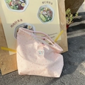 Pink canvas tote bag featuring cute rabbit floral prints and checkered drawstring handles - Pink Long-eared Character