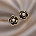 French vintage style camellia earrings in black and gold with pearl accents - A070 Gold Camellia Flower Pearl Stud Earrings