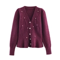 Cardigan in maglia viola scuro con scollo a V, bottoni di perle e decoro in piume - Taglia S / viola-rosso