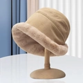 Winter khaki plush bucket hat with thick faux fur lining for warm comfort and soft feel - Mongolian Hat-Beige