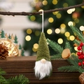 Detail of green knitted Christmas gnome ornament hanging on a tree branch with festive pine cones - Green Type C