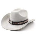 Dettaglio cappello da cowboy grigio chiaro con fascia in pelle e emblema turchese - M (56-58cm) / Grigio chiaro