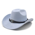 Detail view of suede cowboy hat with turquoise stone and woven band decoration - M (56-58cm) / Light Blue