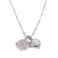 Silver flower pendant necklace with white stones and beaded chain on a white background - Double Pendant Style / Steel