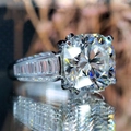 Elegant cushion cut white zircon ring with side step-cut diamonds in white gold finish - White Gold / US 10