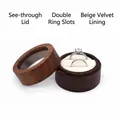 Dark wood ring box with clear window and beige lining for two wedding bands - Transparent Window Lid-Double Slots-Beige Velvet