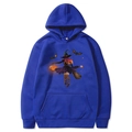 Blue Halloween hoodie with colorful witch on broomstick and pumpkin illustration - Blue