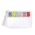 White PVC waterproof cosmetic bag featuring colorful SNACKS towel embroidered letters - White-SNACKS
