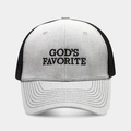 Detail of God's Favorite embroidery on a breathable mesh trucker baseball cap - Light Grey and Black Brim