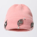 Elegant pink knit beanie for women with shimmering rhinestone leaf accents and soft fur texture - One Size / Pink