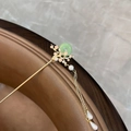 Classic Chinese hair pin with green jade donut, pink plum blossoms and golden tassel - Small Flower Round Jade Hairpin - Green