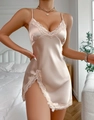 Champagne ice silk nightdress with lace trim and elegant V-neckline for women - Champagne