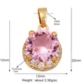Detail view of pink zircon pendant with gold plating and specific size dimensions - Pink/Round