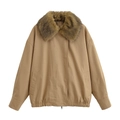 Kurze Damenjacke in Camel mit abnehmbarem braunem Webpelzkragen und Reißverschluss - XS / Khaki