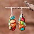 Bohemian teardrop earrings with colorful mosaic emperor stone in silver fishhook setting - Unakite