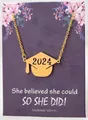 Gold 2024 graduation cap necklace with floral gift card packaging for graduates - 2024 + Card / Gold