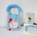 Light blue knitted phone bag featuring a white cartoon duck and pink handle embroidery - Blue Flower Swan (Handle + Strap)
