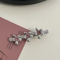 Macro detail of silver alloy hair clips featuring pink rhinestone flower embellishments - Silver/Pink Zirconia-Three Flowers