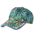 Floral print baseball cap with luxury rhinestones and silver studs in colorful finish - One Size Adjustable / Green Leaf