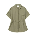 Olive green short-sleeved utility shirt with drawstring waist and chest pocket details - XS / Tops