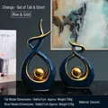 Modern abstract dark blue and gold ceramic teardrop statue set for home decor - Morning Song Style Blue Gold Pair - Large