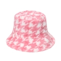 Detail of soft pink and white faux rabbit fur bucket hat with plush checkerboard texture - Pink