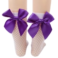 White fishnet ankle socks for girls featuring large purple satin bows in British style - One Size (Parent-Child) / White Fishnet / Purple Bow