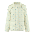Women's floral hooded puffer jacket in cream with blue flower print and snap buttons - S / Light Yellow