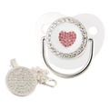 Baby pacifier with chain clip set featuring pink heart rhinestones and silver crown - Silver White Heart