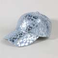 Detailed close-up of light blue denim baseball cap with silver leopard print and curved brim - Style 12-Light Blue Silver Leopard Print