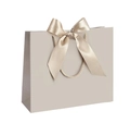 Elegant light gray gift paper bag with champagne gold satin bow and woven handles - Bowknot Decoration Style / 19x15x7cm / Champagne
