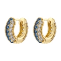Detailed close-up of 18K gold-plated huggie earrings with navy blue and white cubic zirconia - Gold Plated Blue Zirconia