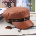 Vintage brown faux leather baker boy hat with black decorative strap and gold chain detail - Flat Top with Chain / Coffee
