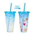 710ml color changing cold cup with blue straw showing heart pattern before and after cold effect - 701-800ml / Valentine (Heart Illustration)