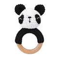 Handmade crochet panda baby rattle with natural wooden ring for infant soothing - Chinese Panda