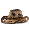 Elegant hollow woven western cowboy straw hat with beaded band and retro gemstone - Khaki & Black