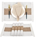 Bohemian style woven beige and brown table placemat set with tassels and fringe details - Brown and White Patchwork