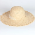 Handcrafted raffia straw sun hat with frayed wide brim and elegant lace band decoration - Adjustable / Natural Color