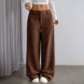 Pantalones de pana marrón oscuro de pierna ancha para mujer con cintura alta y textura - S / Marrón Oscuro