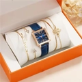 Gold square watch with blue leather strap and matching gold bracelets in an orange gift box - Watch Bracelet and Gift Box Set / Blue