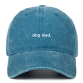 Detailed view of dog dad white embroidery on blue washed cotton baseball cap - Adjustable / Lake Blue