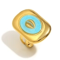 Exaggerated 18K gold plated stainless steel square ring with blue enamel and sea shell - Oil Drop Conch Square Open Ring - Gold