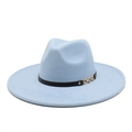 Detail of light blue wool fedora hat featuring black leather band and gold metal chain - M (56-58cm) / Sky Blue
