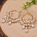 Elegant 925 silver fringe drop earrings with baroque pearls in gold round frame - White Pearl Set Hoop Earrings